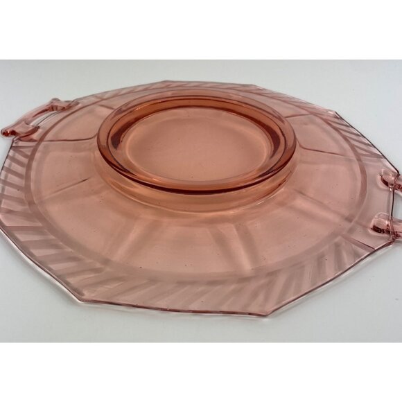 Vintage Pink Depression Glass Serving Tray With Handles Octagonal Shape Elegant - Picture 12 of 12